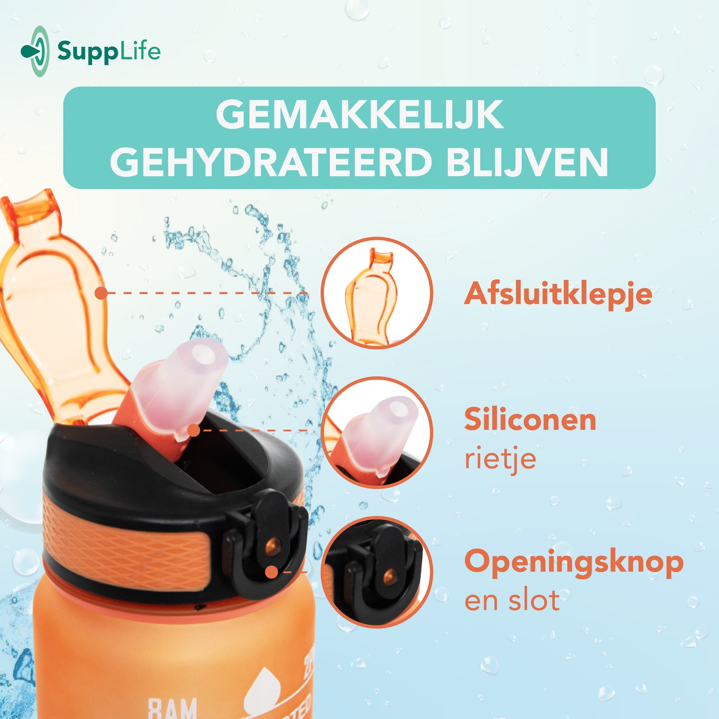 Supplife Motivatie Waterfles Oranje Cyaan - 1 Liter