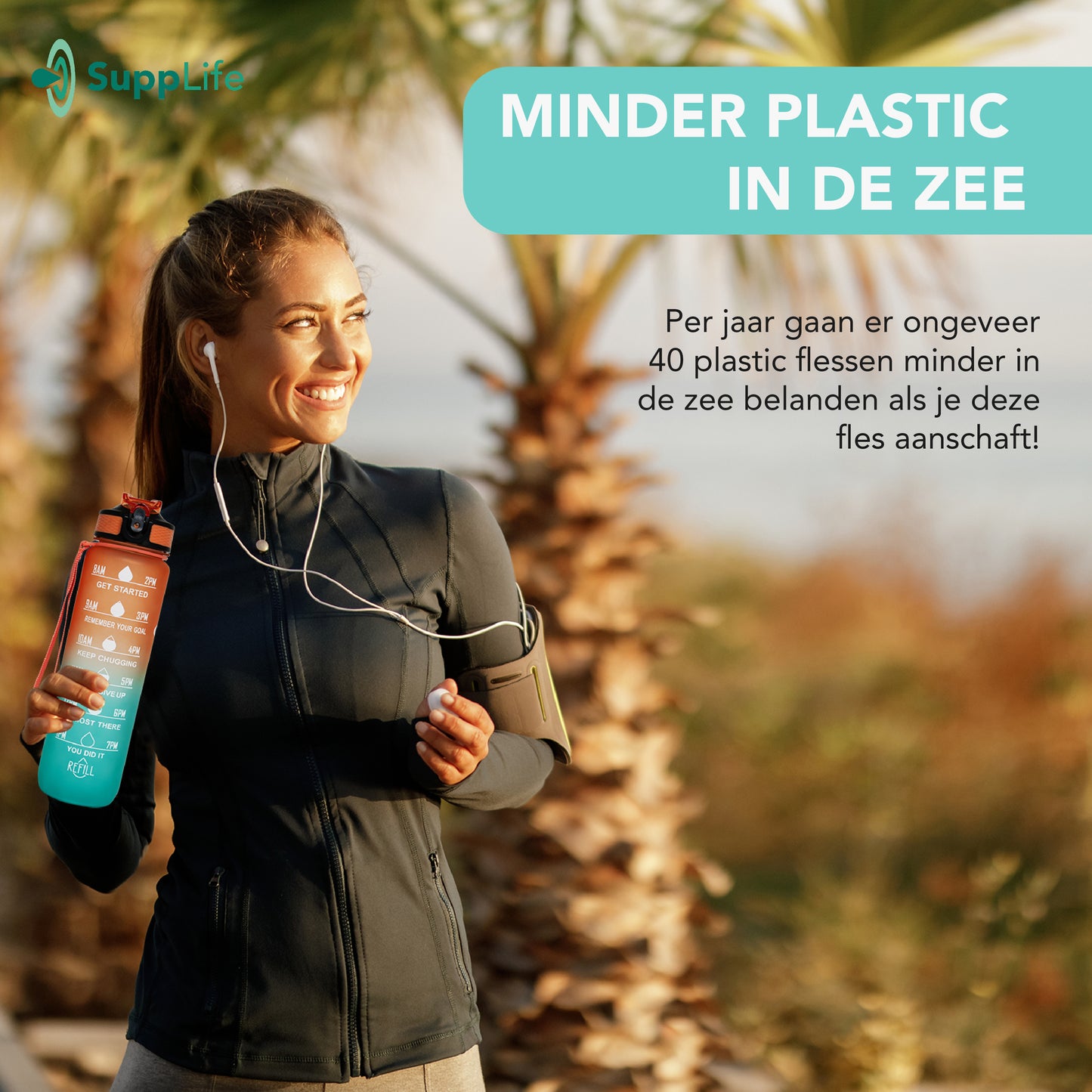 Supplife Motivatie Waterfles Oranje Cyaan - 1 Liter