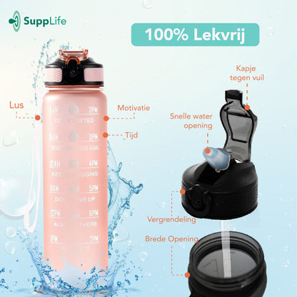 Supplife Motivatie Waterfles Rose Goud - 1 Liter