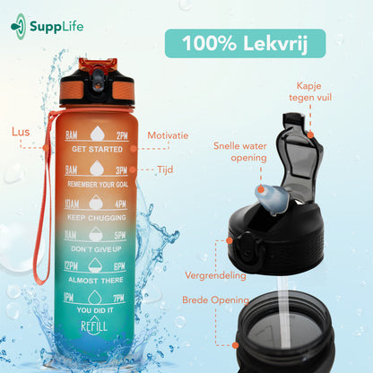 Supplife Motivatie Waterfles Oranje Cyaan - 1 Liter